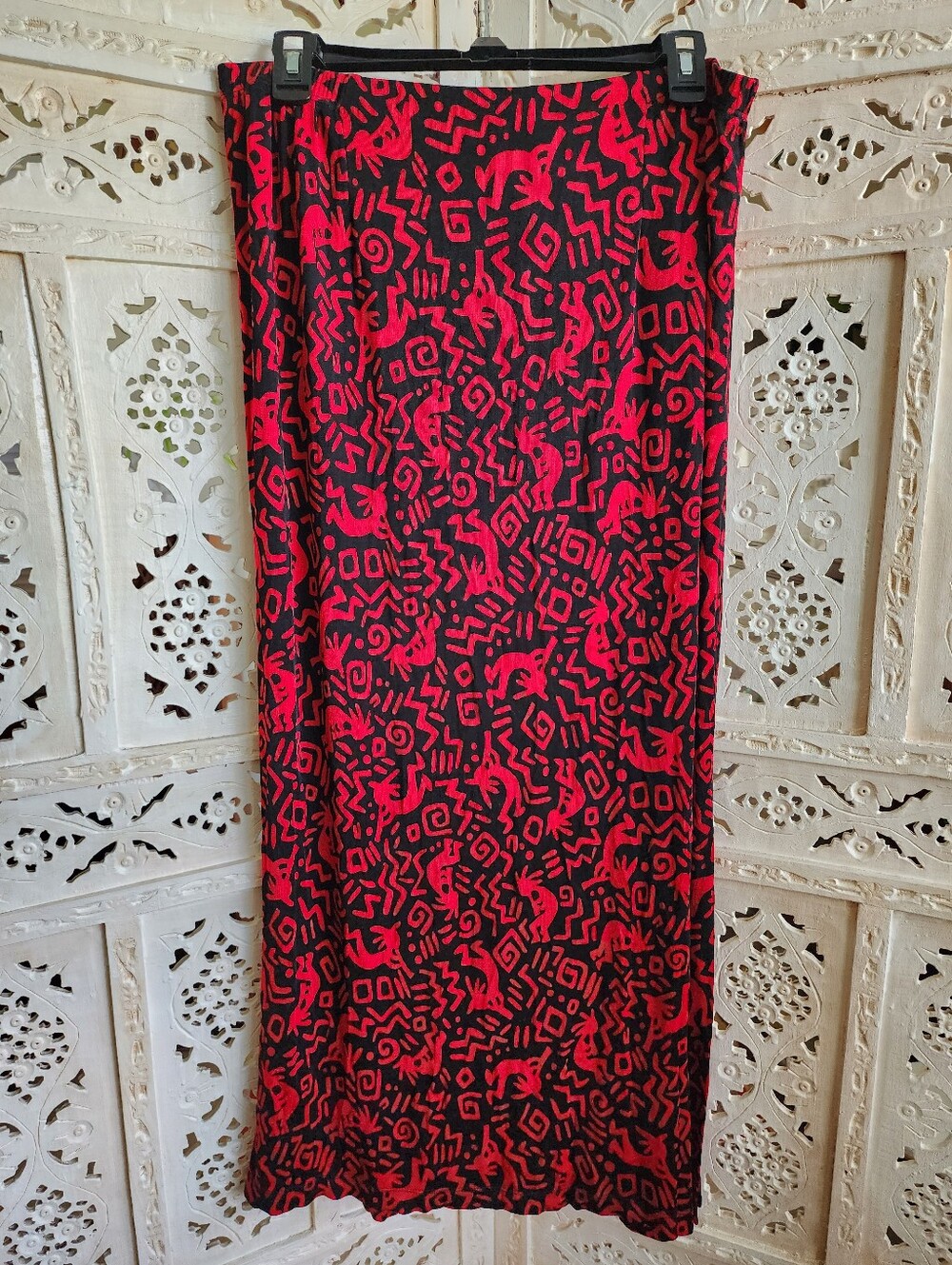 Vintage Blair Red & Black Kokopelli Tribal Print Maxi Skirt- Womens Size Large
